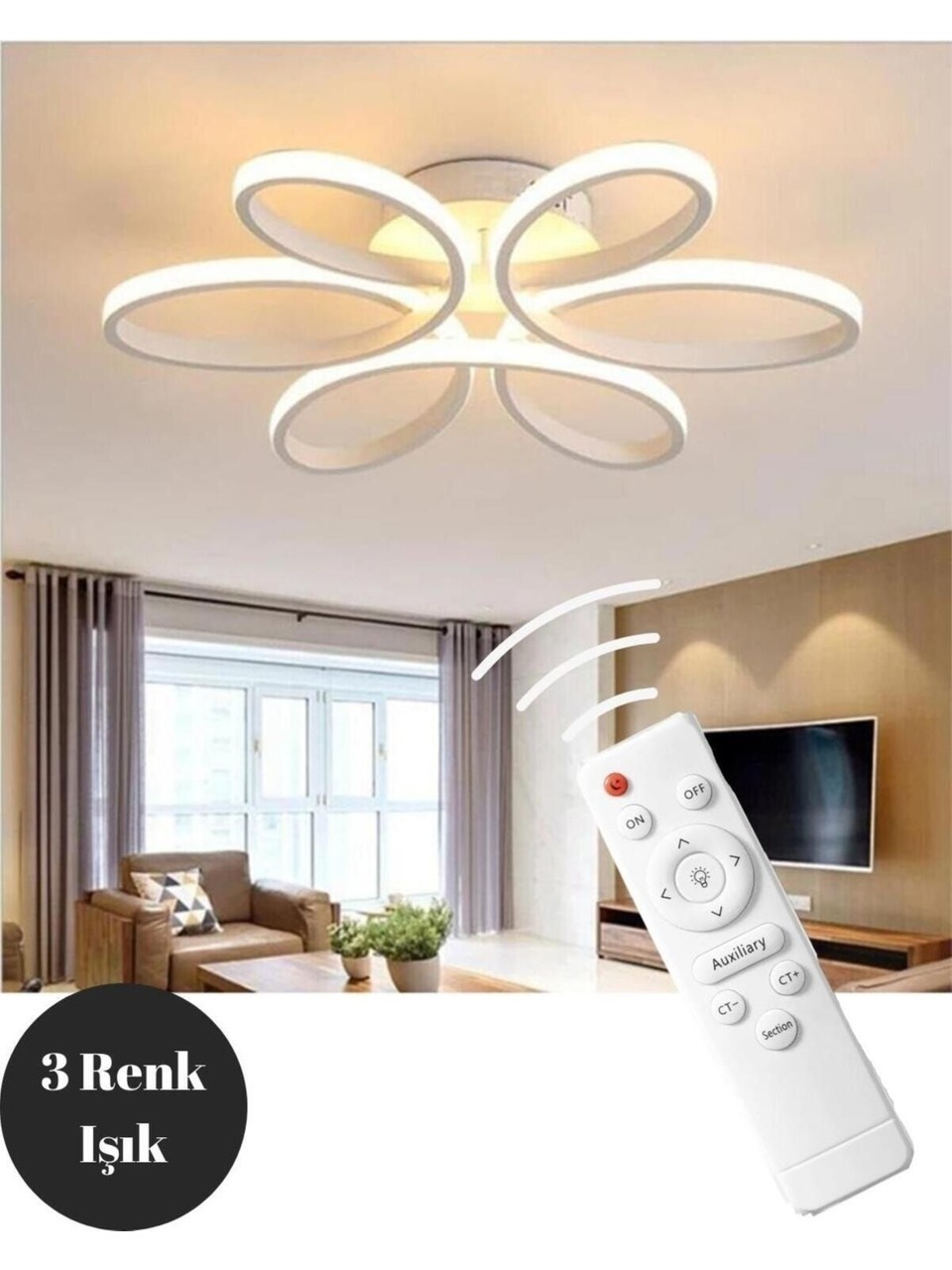 Star Beyaz Kumandalı 3 Renk Ledli Dimmerli Plafonyer Modern Ledli Avize