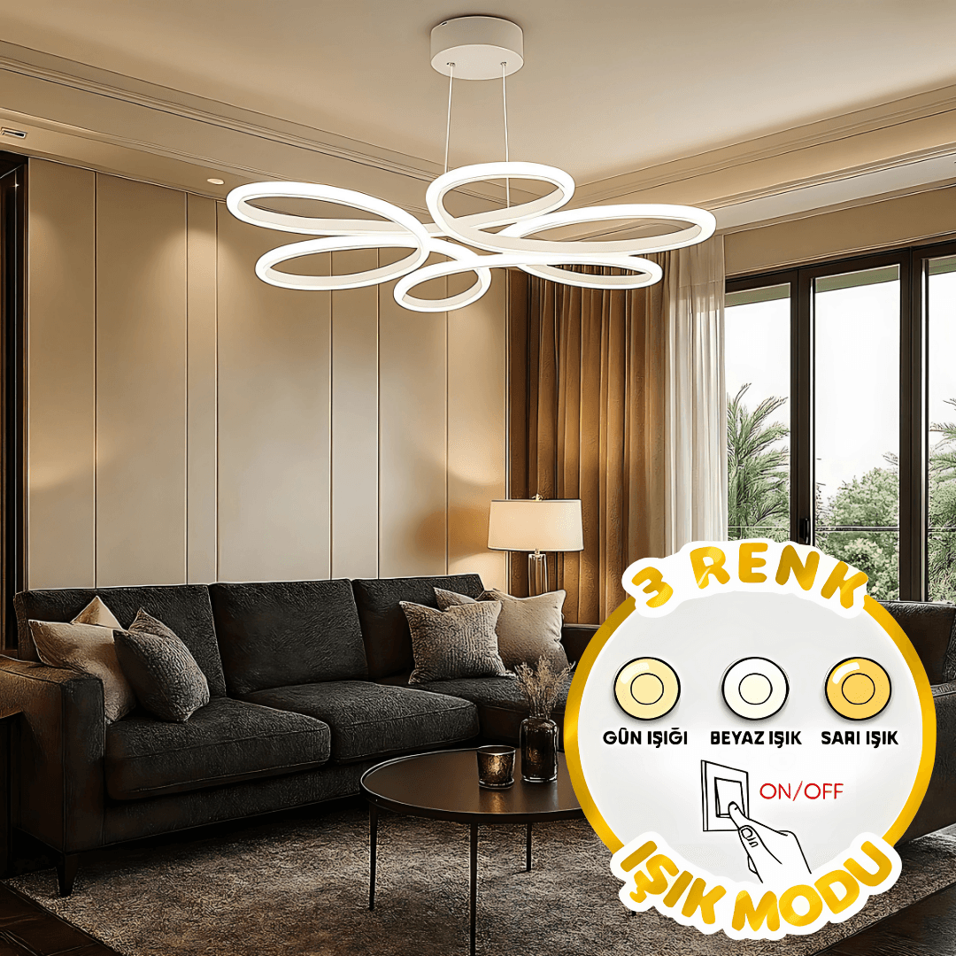 Lupin Beyaz 3 Renk Ledli Sarkık Ledli Avize Modern Led Avize- Çap 60 cm