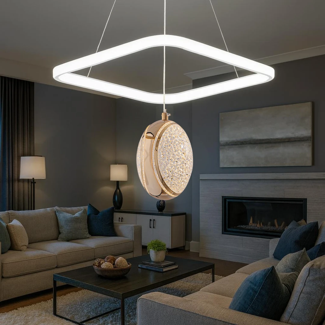 Linda Beyaz Gold 3 Renk Ledli Lüks Modern Sarkık Kare Tekli Ledli Avize-Çap 30 cm