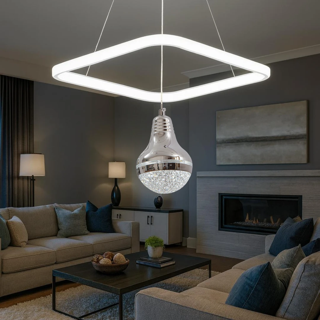 Luna Beyaz Krom 3 Renk Ledli Lüks Modern Sarkık Kare Tekli Ledli Avize-Çap 30 cm