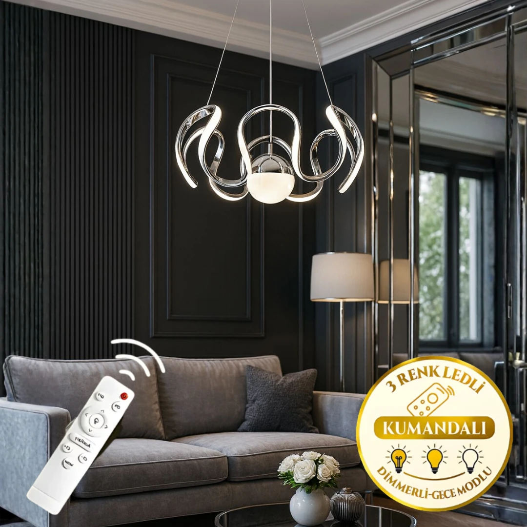 Arya Özel Lüks Krom Kaplamalı Uzaktan Kumandalı 3 Renk Ledli Dimmerli Sarkıt Modern Ledli Avize