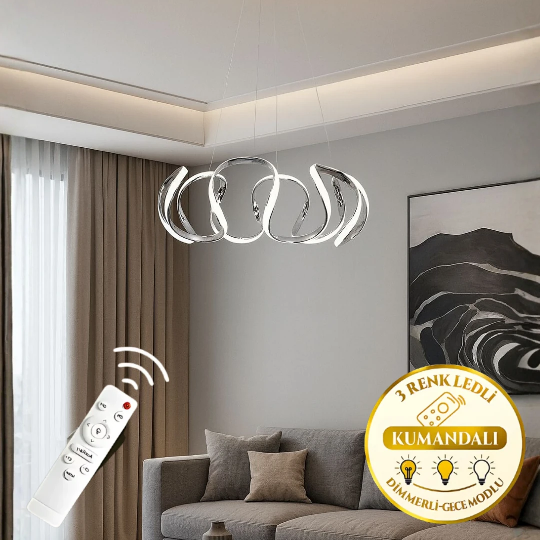 Dora Özel Lüks Krom Kaplamalı Uzaktan Kumandalı 3 Renk Ledli Dimmerli Sarkıt Modern Ledli Avize 