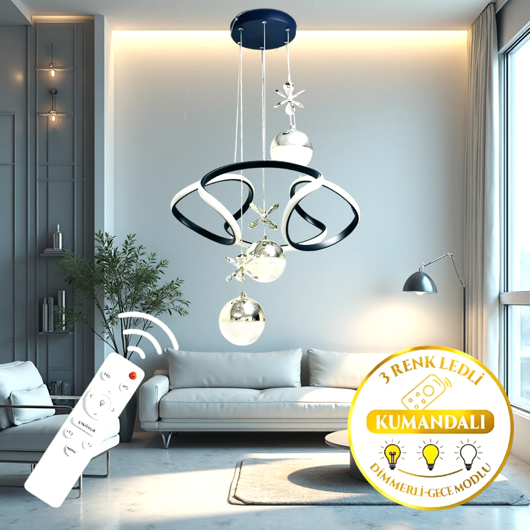 Elit Siyah Krom Uzaktan Kumandalı 3 Renk Ledli Modern Özel Tasarım Sarkıt Ledli Avize Salon Avizesi Led Avize