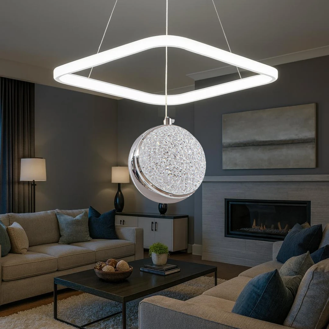 Arven Beyaz Krom 3 Renk Ledli Lüks Modern Sarkık Kare Tekli Ledli Avize-Çap 30 cm