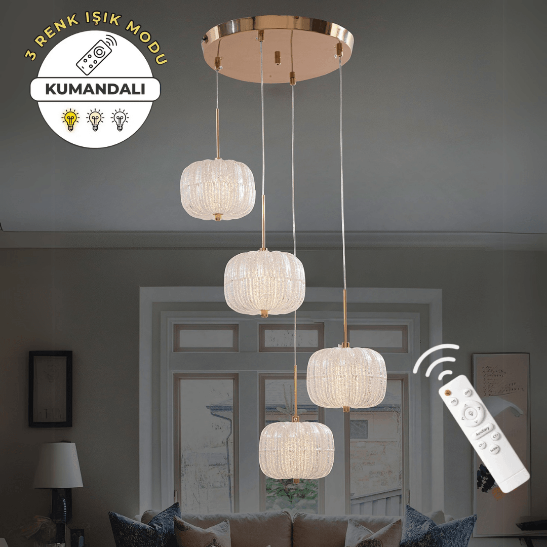 Helen Gold 4'Lü Lüks Kumandalı Dimmerli 3 Renk Ledli Avize Modern Led Avize