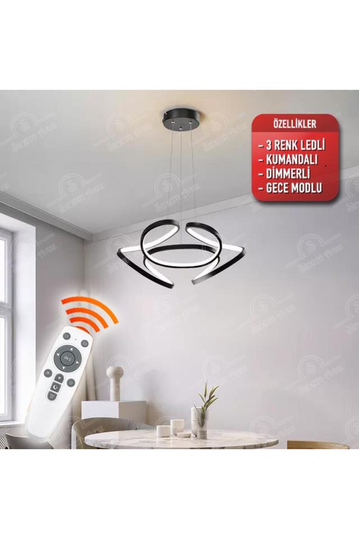 Cunda Siyah Kumandalı 3 Renk Ledli Dimmerli Sarkık Modern Ledli Avize