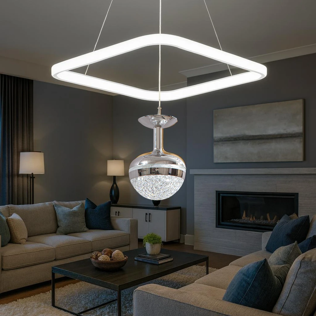 Rose Beyaz Krom 3 Renk Ledli Lüks Modern Sarkık Kare Tekli Ledli Avize-Çap 30 cm