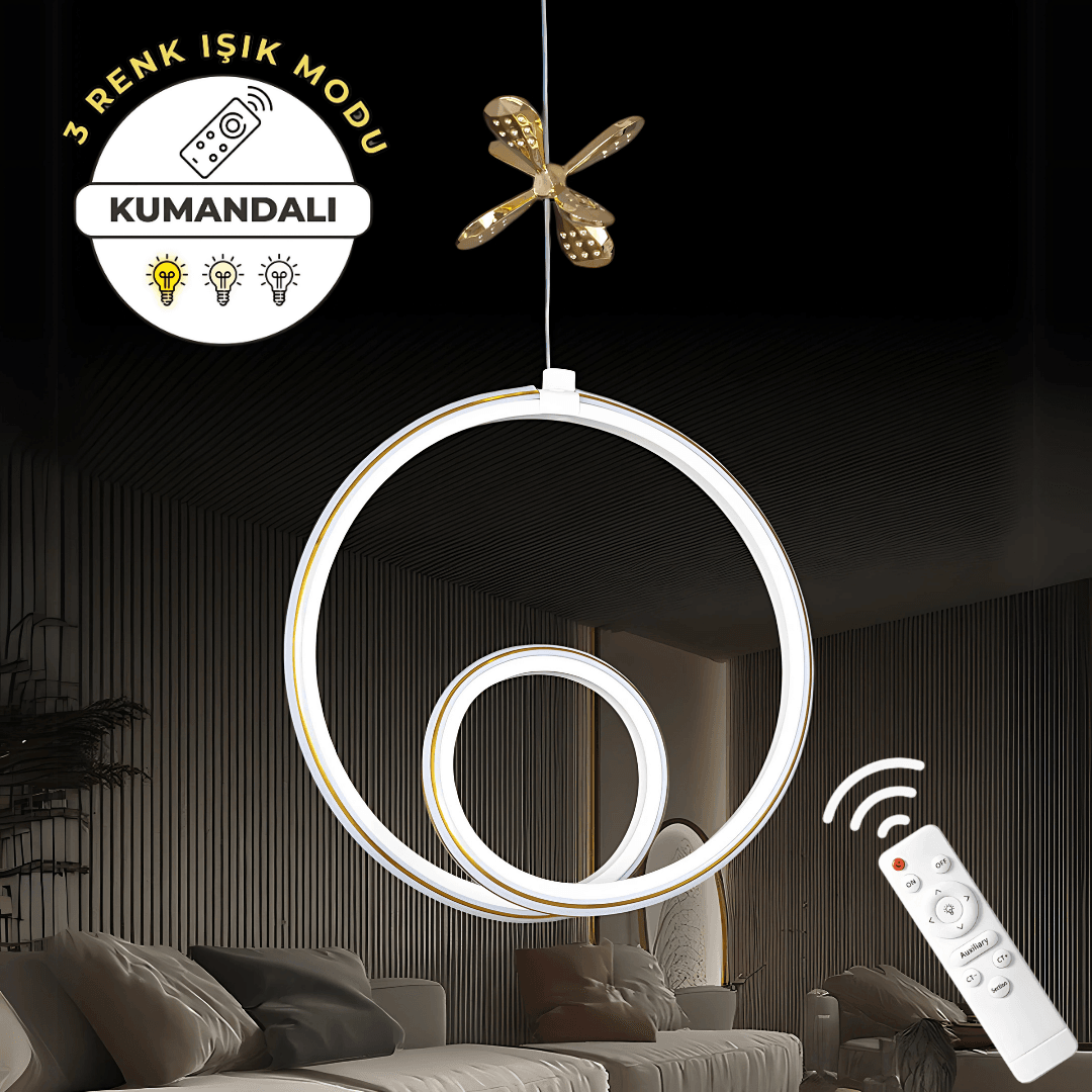 Yakamoz Beyaz Uzaktan Kumandalı 3 Renk Ledli Özel Tasarım Gold Çizgili Gold Kelebek Dekor Detaylı Sarkık Ledli Avize Kumandalı Avize Dimmerli Avize