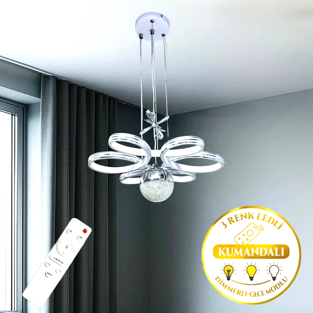 Ada Beyaz Özel Tasarım Krom Çizgi Detaylı Uzaktan Kumandalı Dimmerli Gece Modlu  3 Renk Ledli Avize - Çap 40 cm