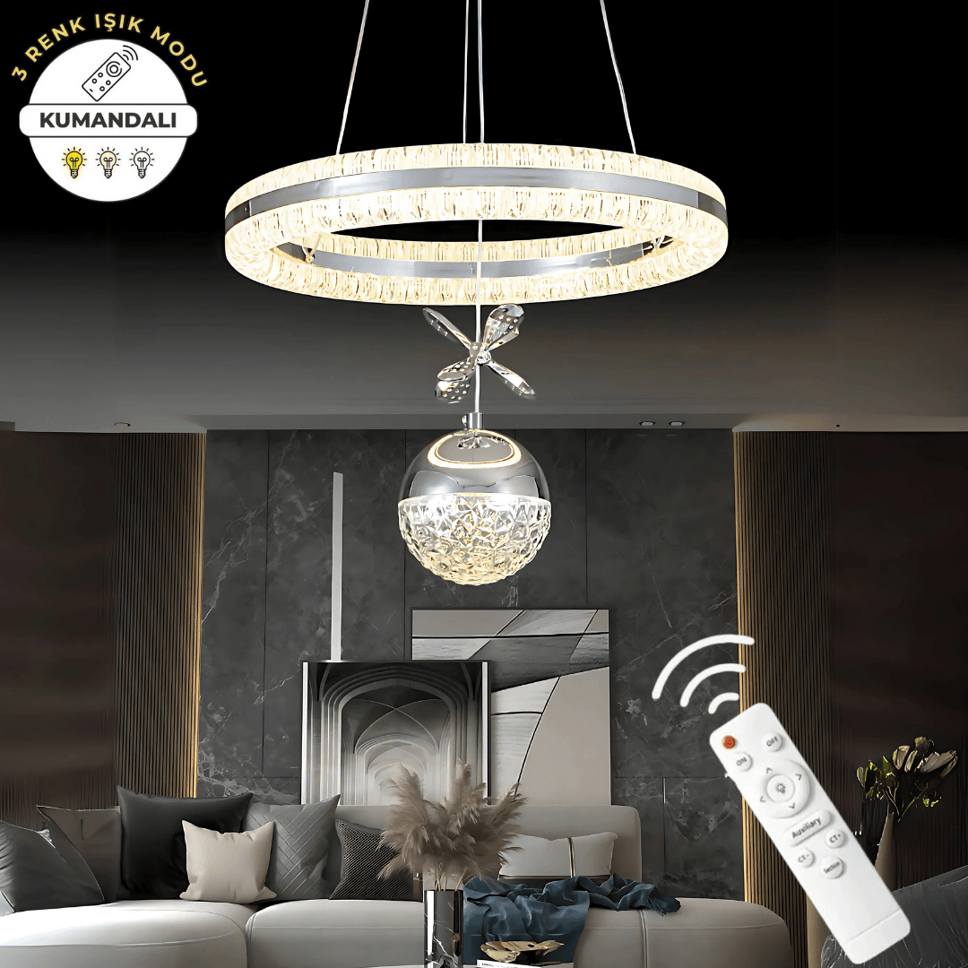 Işıltı Krom Kumandalı 3 Renk Ledli Çift Yönlü Aydınlatmalı Lüks Tasarım Ledli Avize Çap 40 cm Led Avize