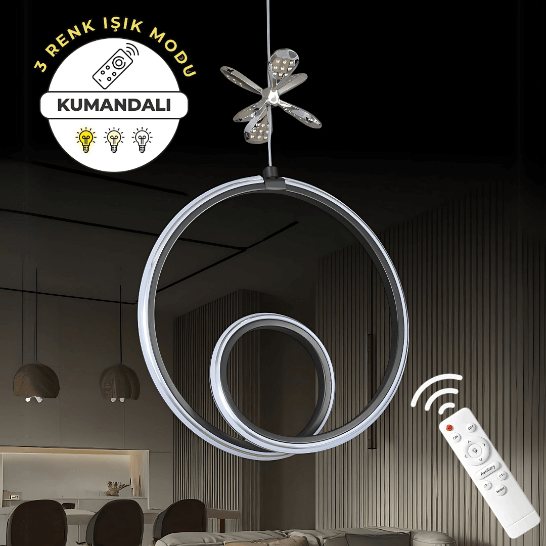 Yakamoz Siyah Uzaktan Kumandalı 3 Renk Ledli Özel Tasarım Krom Çizgili Krom Kelebek Dekor Detaylı Sarkık Ledli Avize Kumandalı Avize Dimmerli Avize