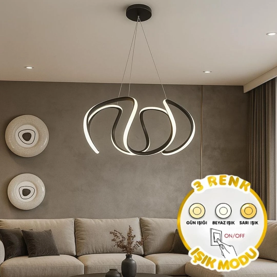 Petra Siyah 3 Renk Ledli Sarkık Ledli Avize Modern Led Avize-Büyük Boy