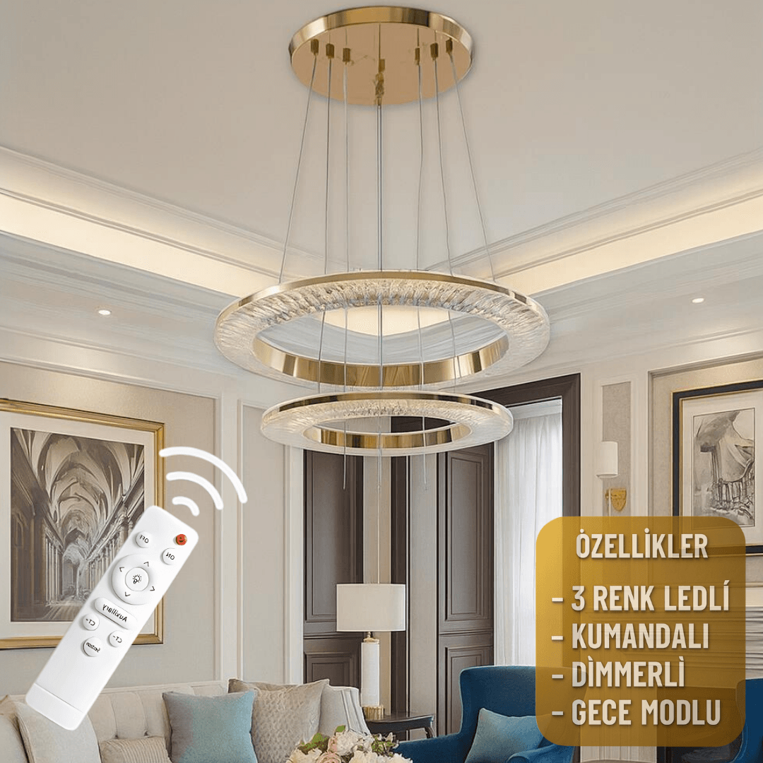  Avangart Gold 2'li Lüks Uzaktan Kumandalı Dimmerli 3 Renk Ledli Avize 