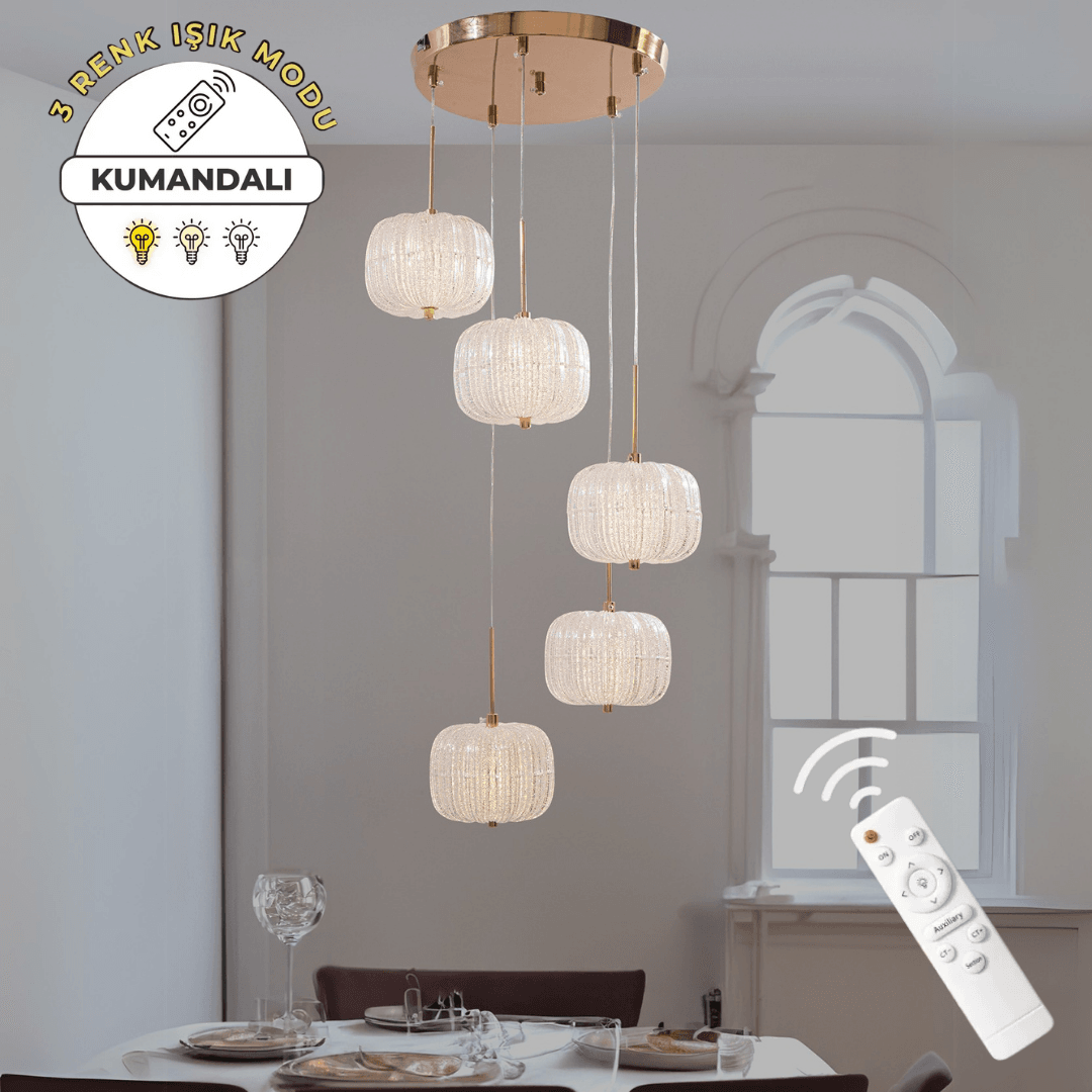 Helen Gold 5'li Lüks Kumandalı Dimmerli 3 Renk Ledli Avize Modern Led Avize