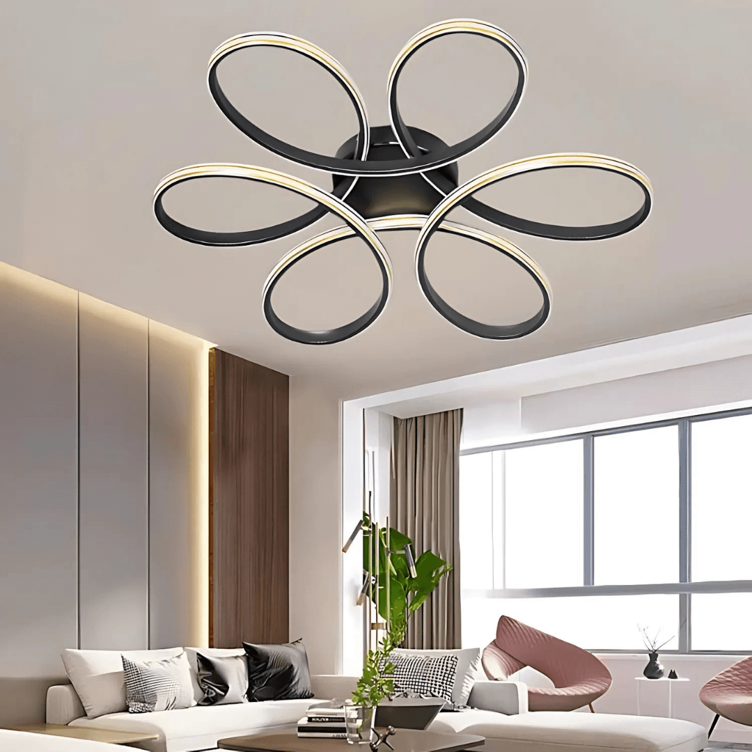 Alya Siyah Modern Tasarım Gold Çizgili Plafonyer Ultra Power Beyaz Ledli Avize