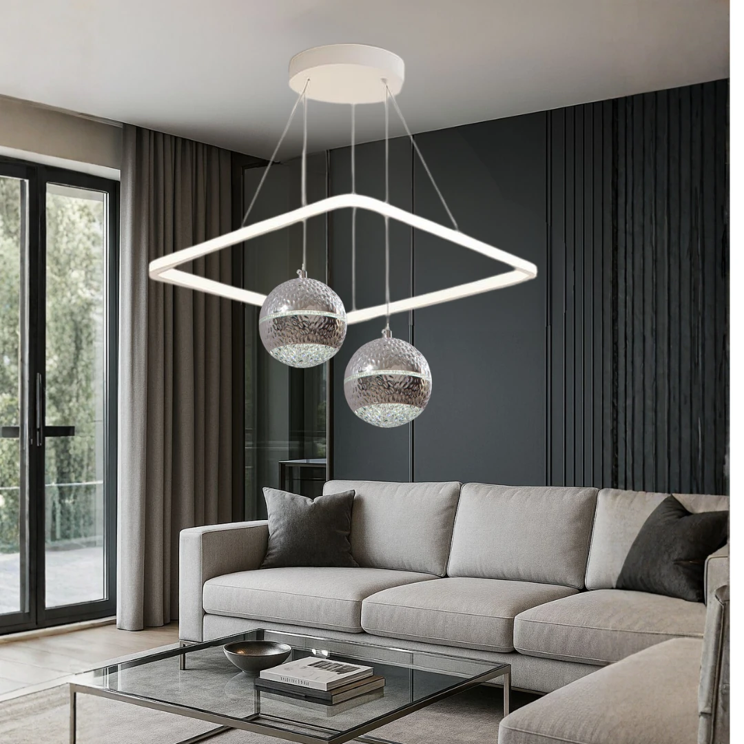 Vivaldi Beyaz Krom Uzaktan Kumandalı 3 Renk Ledli Lüks Modern Sarkık Kare 2'Li Ledli Avize-Çap 45 cm