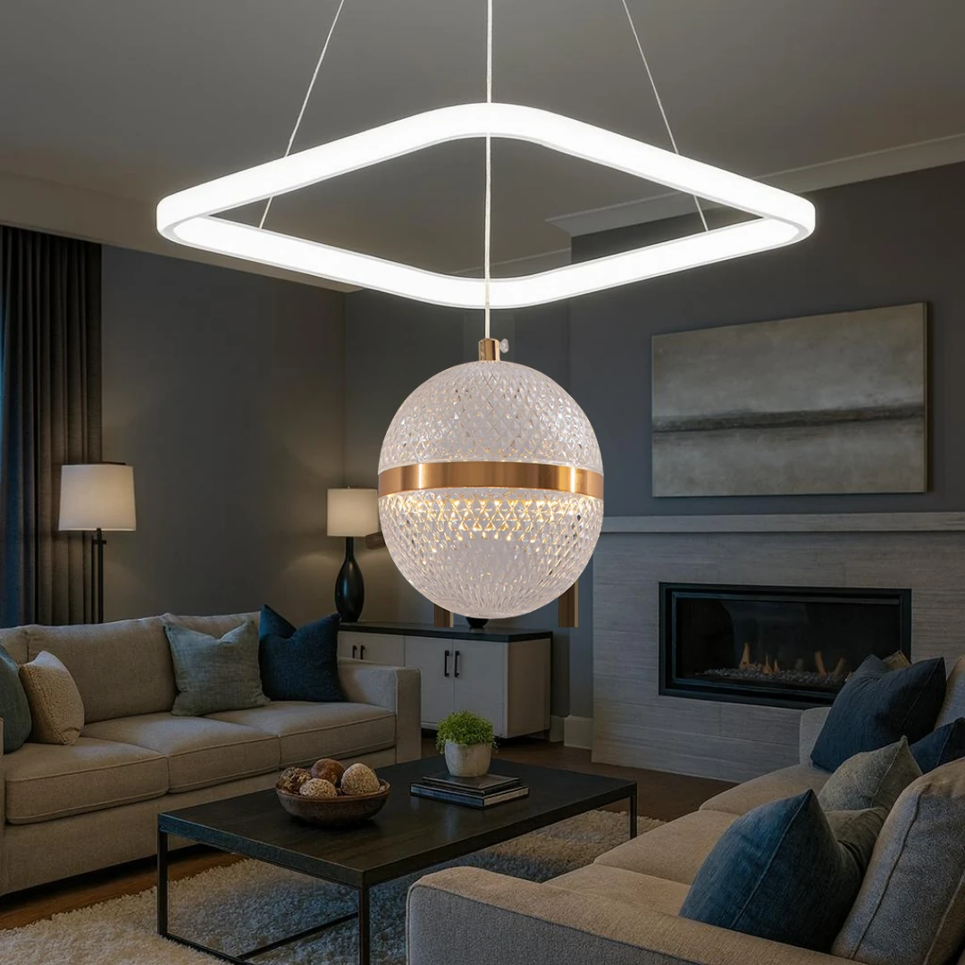 Lisa Beyaz Gold 3 Renk Ledli Lüks Modern Sarkık Kare Tekli Ledli Avize-Çap 30 cm