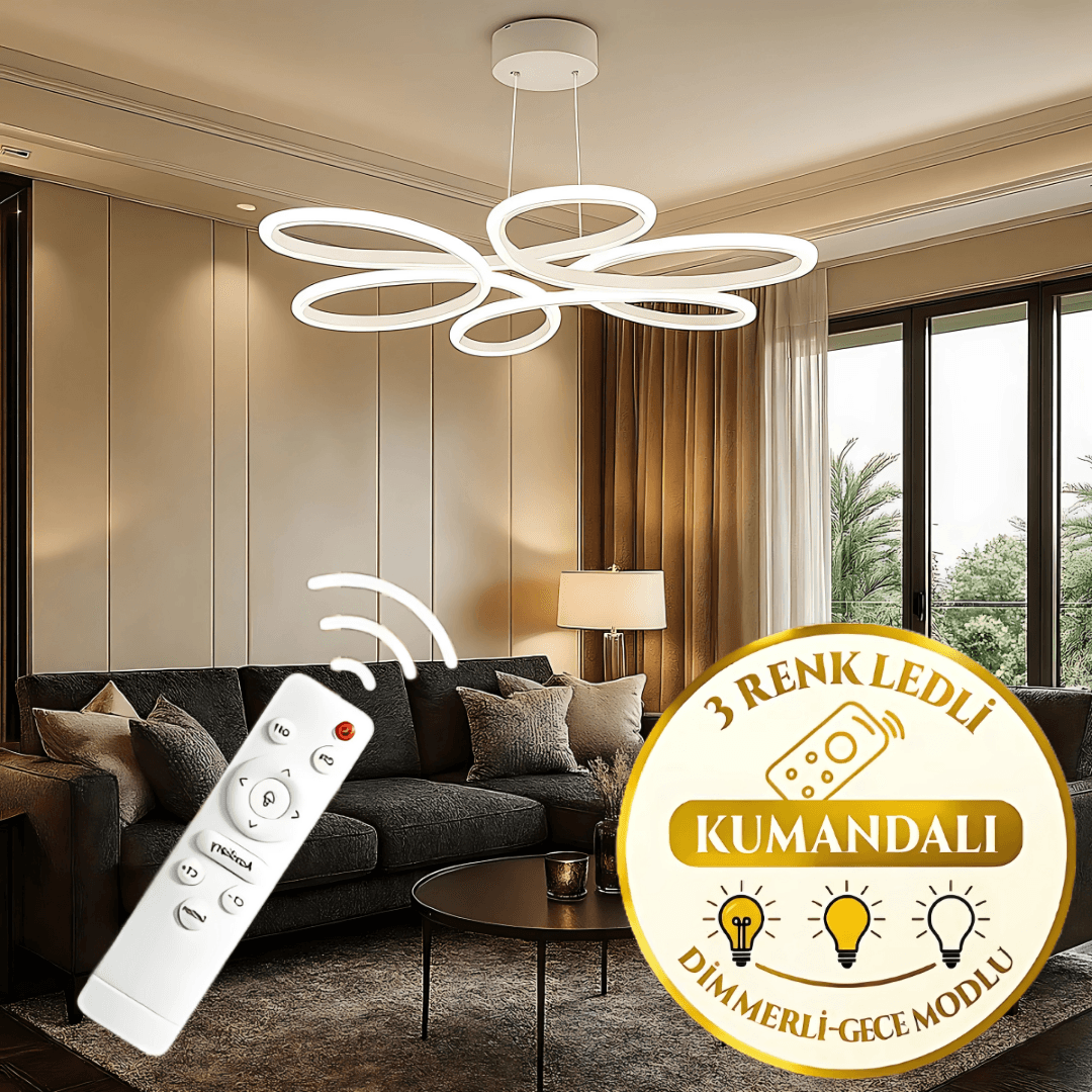 Lupin Beyaz Sarkık Kumandalı 3 Renk Ledli Dimmerli Sarkıt Modern Ledli Avize-Çap 60 cm