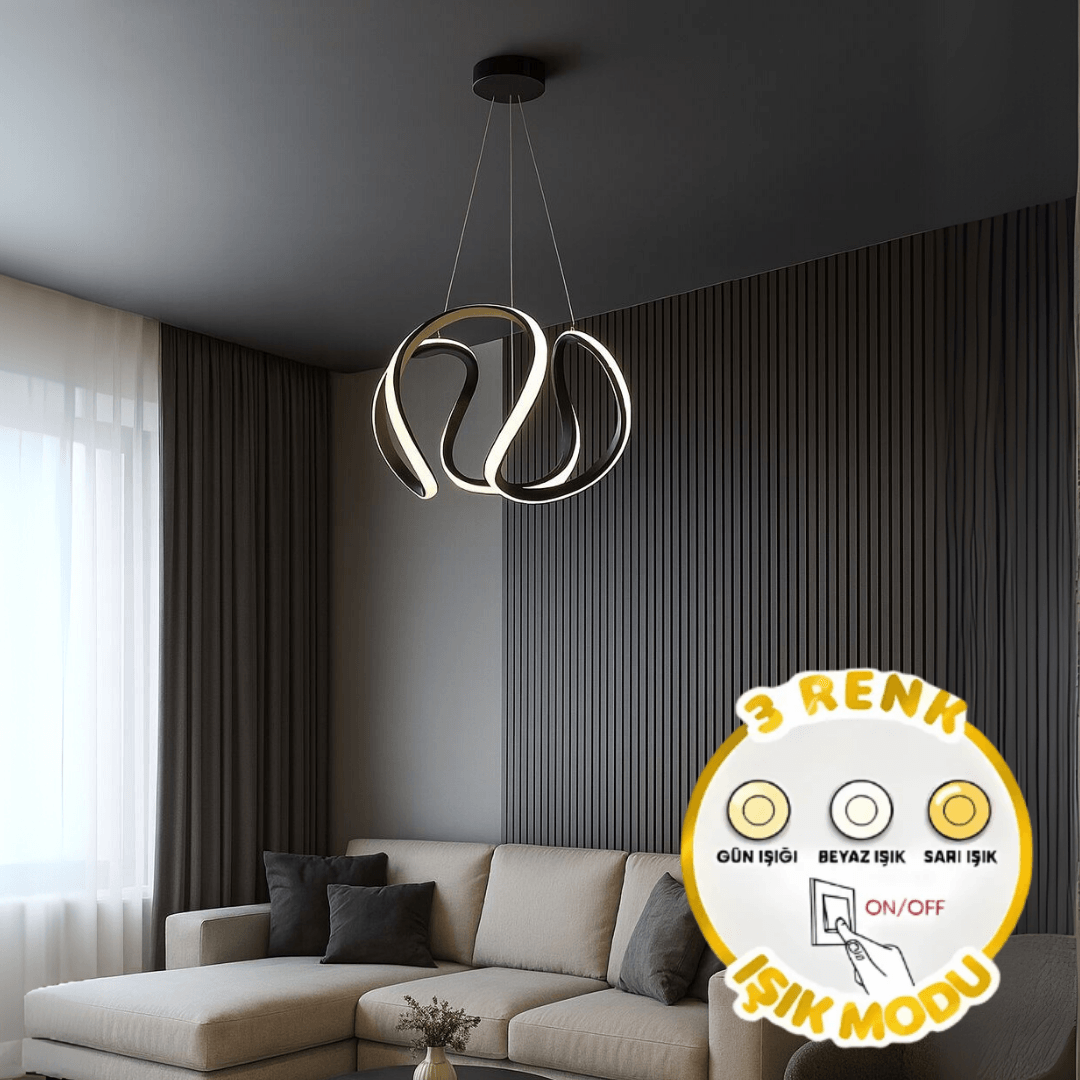 Petra Siyah 3 Renk Ledli Sarkık Ledli Avize Modern Led Avize-Orta Boy