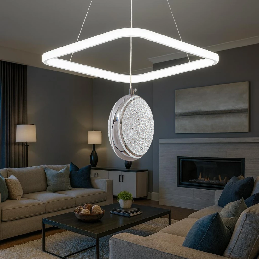 Linda Beyaz Krom 3 Renk Ledli Lüks Modern Sarkık Kare Tekli Ledli Avize-Çap 30 cm