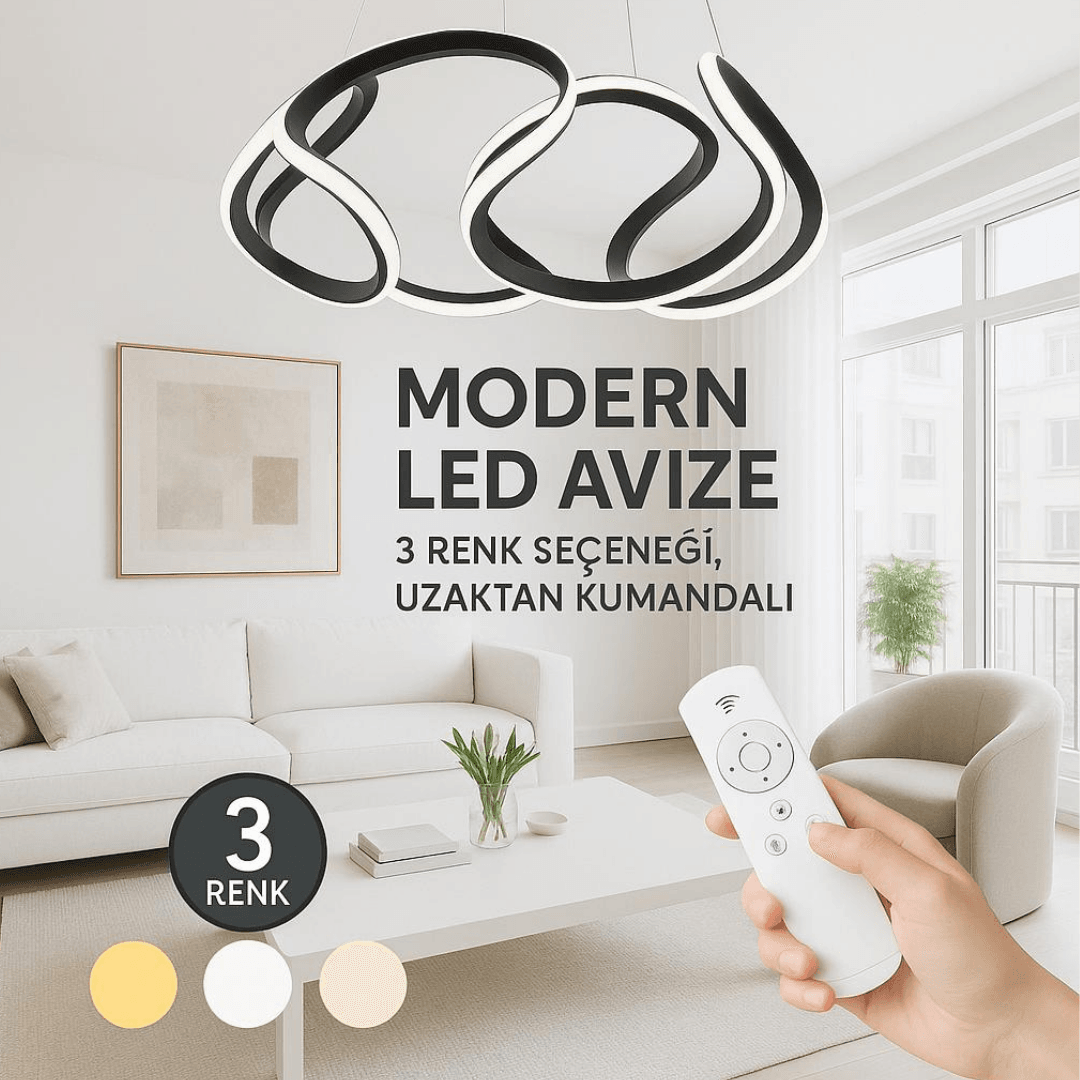 Artemis Siyah Kumandalı 3 Renk Ledli Dimmerli Plafonyer Modern Ledli Avize