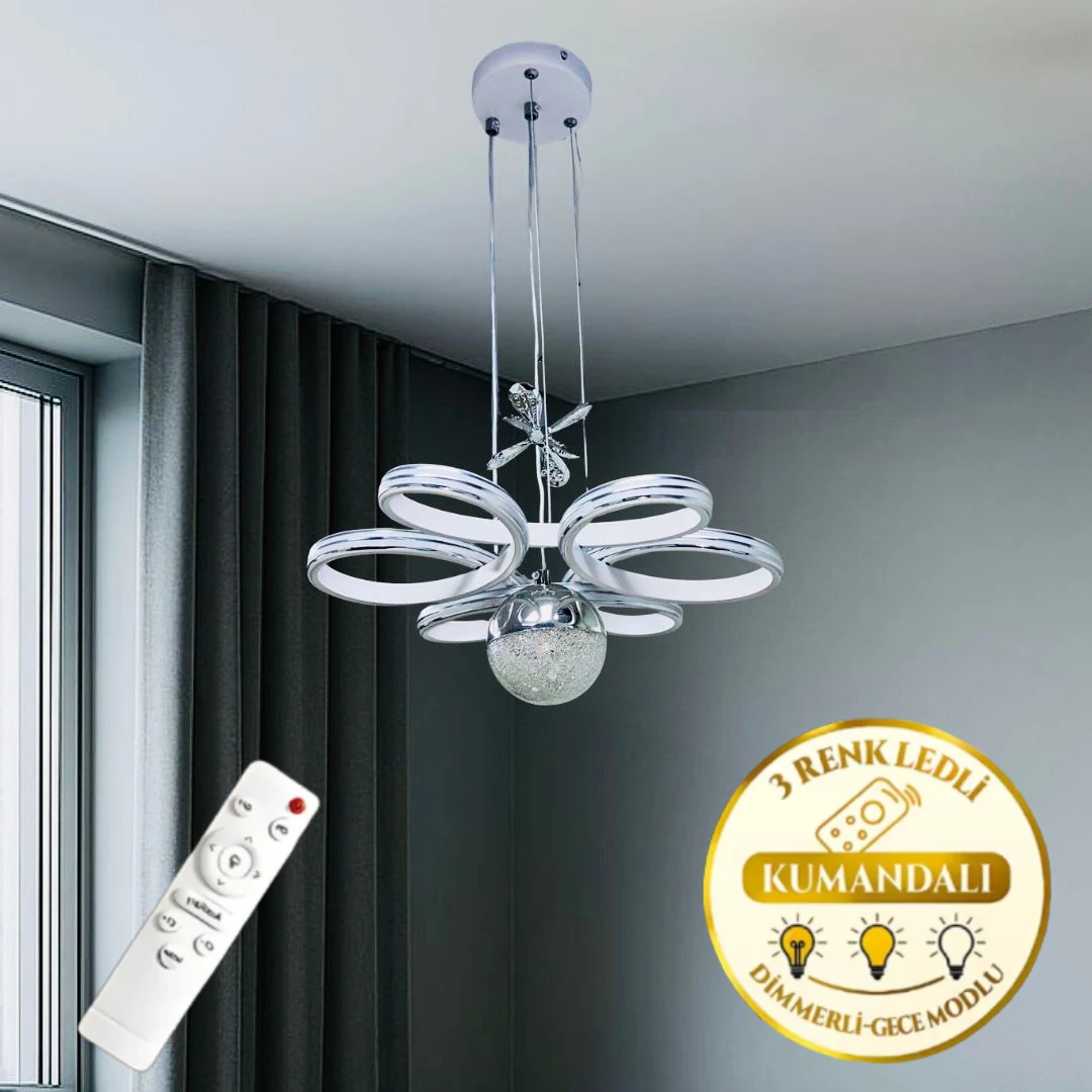 Ada Beyaz Özel Tasarım Krom Çizgi Detaylı Uzaktan Kumandalı Dimmerli Gece Modlu  3 Renk Ledli Avize - Çap 40 cm