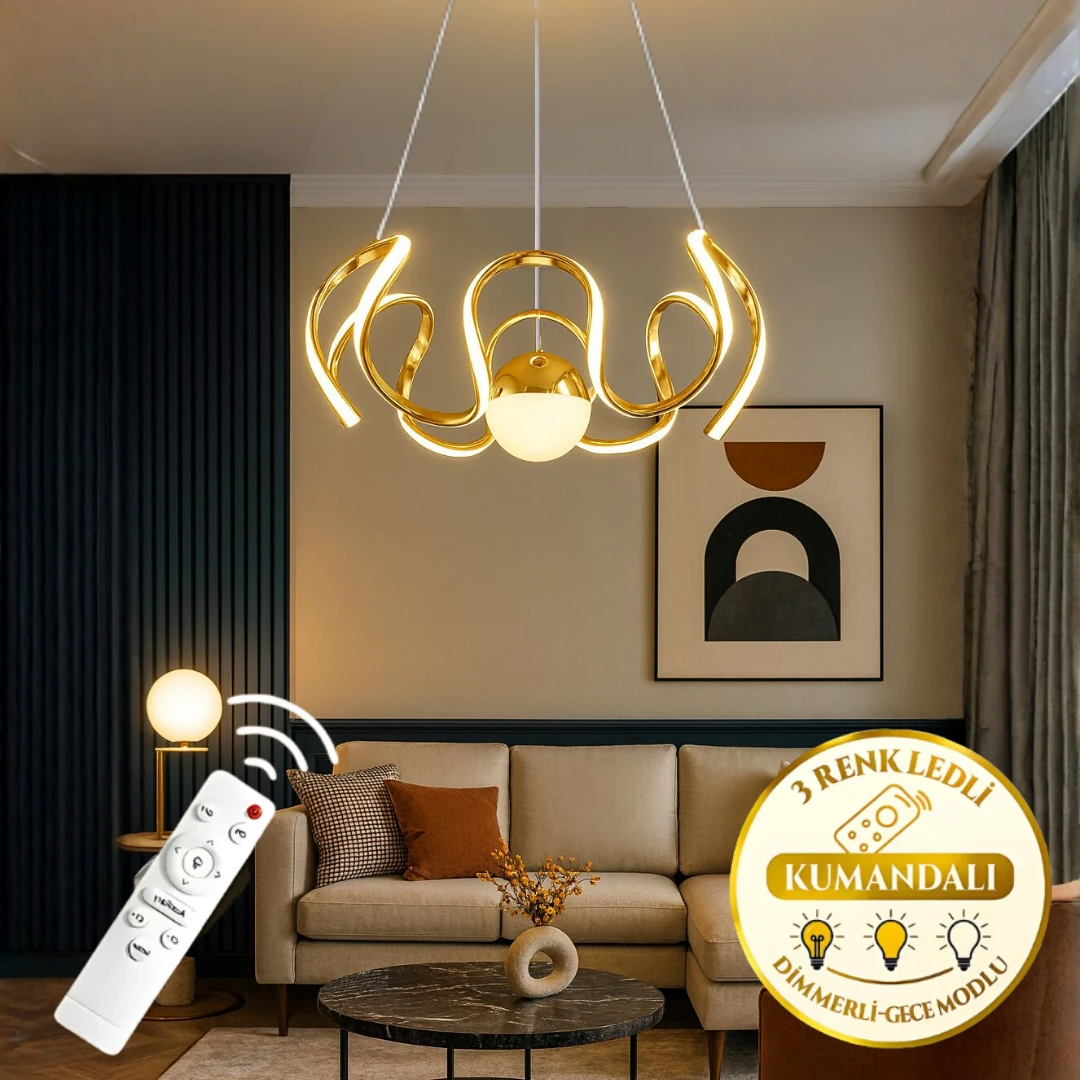 Arya Özel Lüks Gold Kaplamalı Uzaktan Kumandalı 3 Renk Ledli Dimmerli Sarkıt Modern Ledli Avize