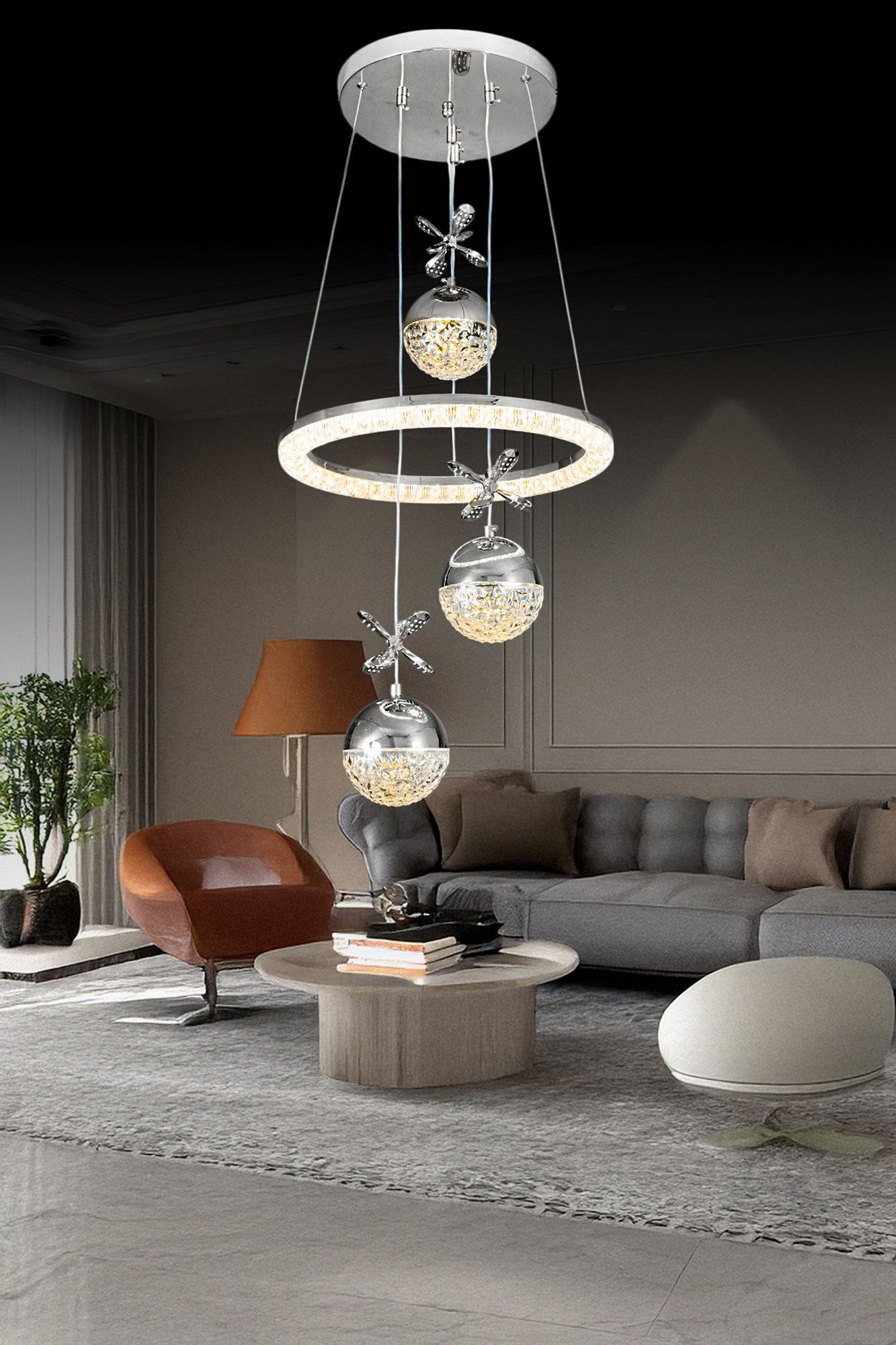 Diamond Krom Lüks Kumandalı Dimmerli 3 Renk Ledli Avize  Modern ve Göz Alıcı Salon Aydınlatması