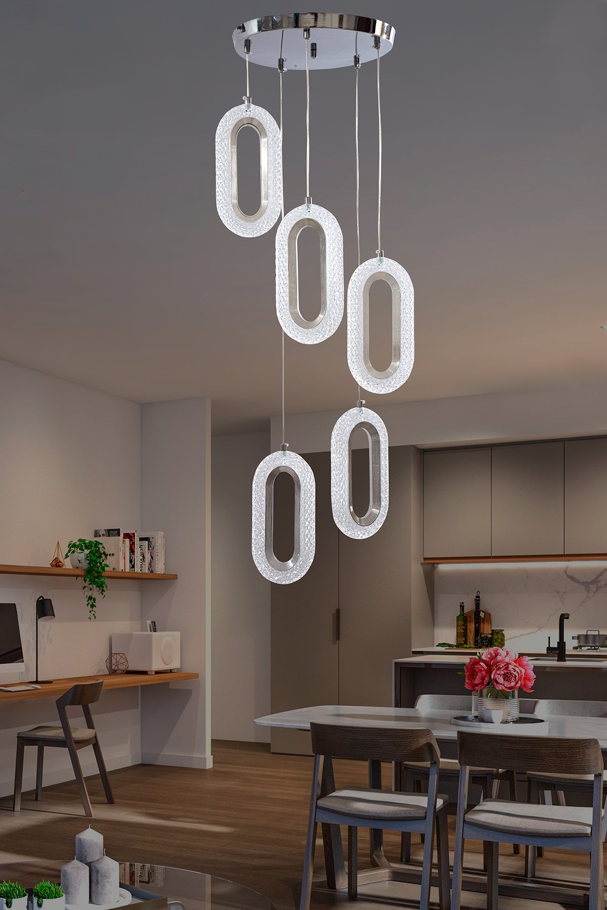 Eleni Krom 5'li Lüks Kumandalı Dimmerli 3 Renk Ledli Avize Modern Led Avize