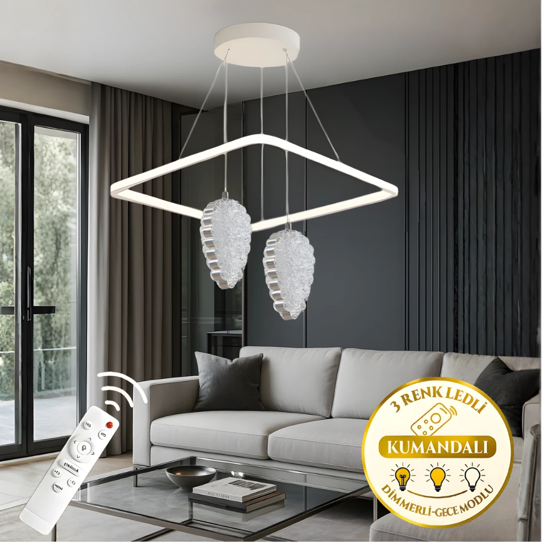 Venna Beyaz Krom Uzaktan Kumandalı 3 Renk Ledli Lüks Modern Sarkık Kare 2'Li Ledli Avize-Çap 45 cm