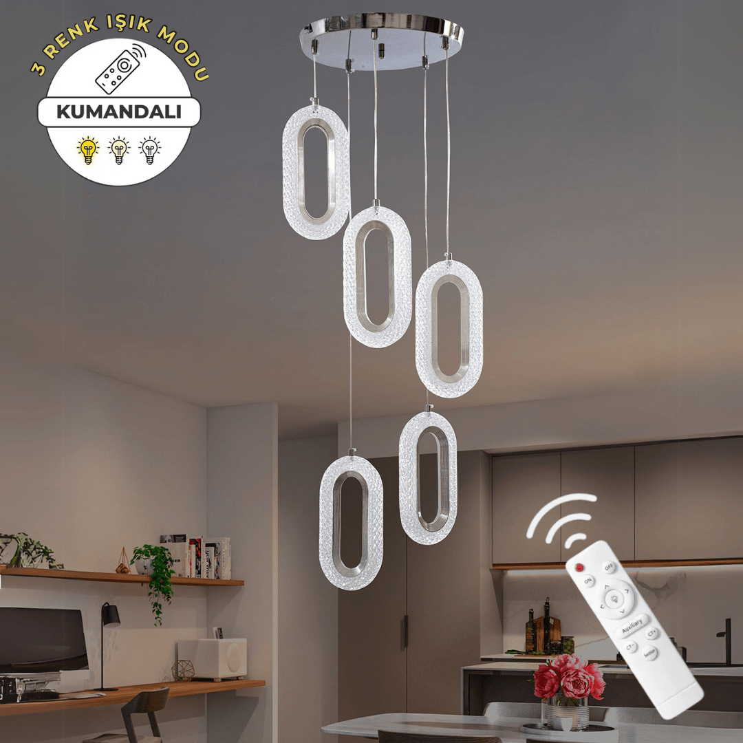 Eleni Krom 5'li Lüks Kumandalı Dimmerli 3 Renk Ledli Avize Modern Led Avize
