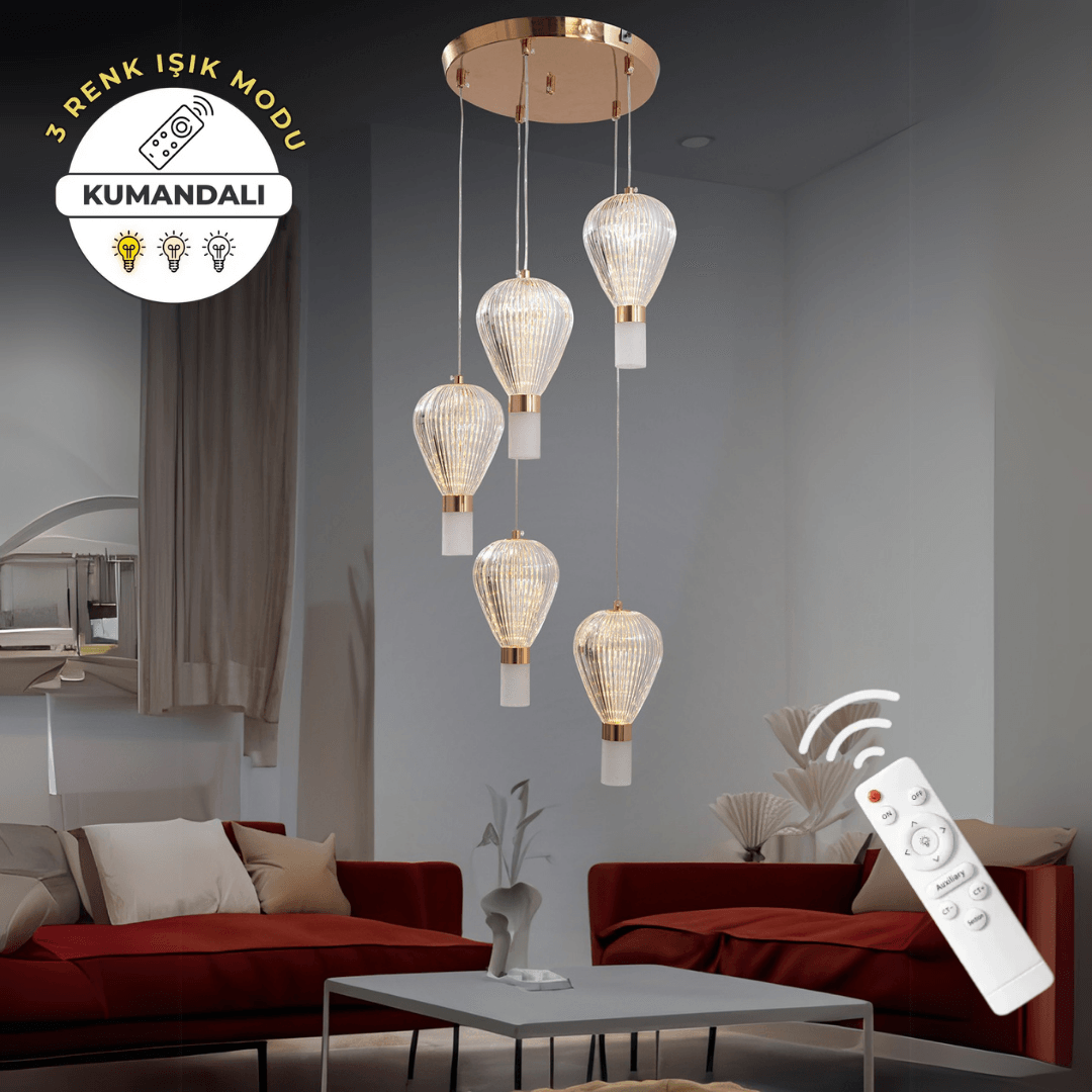 Kapadokya Gold 5'li Lüks Kumandalı Dimmerli 3 Renk Ledli Avize Modern Led Avize
