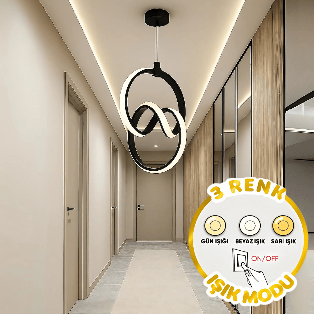 Trend Siyah 3 Renk Ledli Avize Sarkık Modern Led Avize Oturma Odası Hol Antre Koridor Avizesi
