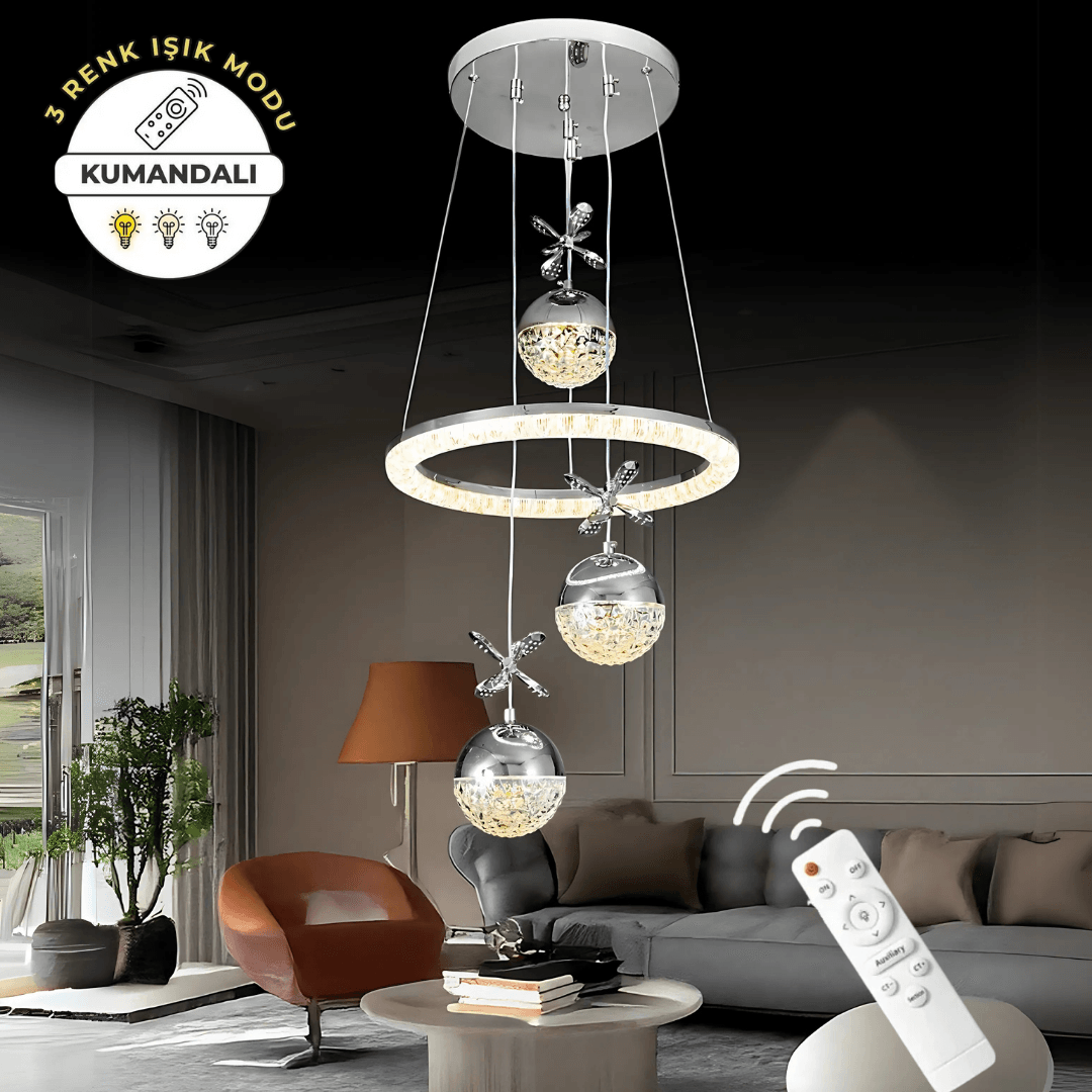 Diamond Krom Lüks Kumandalı Dimmerli 3 Renk Ledli Avize  Modern ve Göz Alıcı Salon Aydınlatması