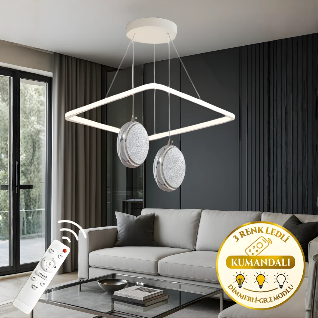 Linda Beyaz Krom Uzaktan Kumandalı 3 Renk Ledli Lüks Modern Sarkık Kare 2'Li Ledli Avize-Çap 45 cm