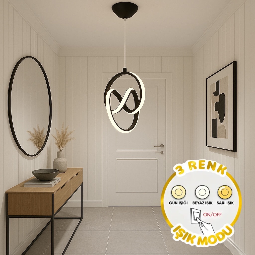 Trend Siyah 3 Renk Ledli Avize Sarkık Modern Led Avize Oturma Odası Hol Antre Koridor Avizesi