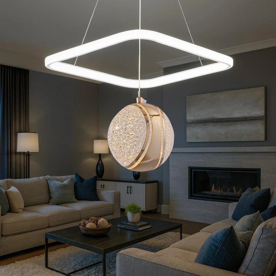 Arven Beyaz Gold 3 Renk Ledli Lüks Modern Sarkık Kare Tekli Ledli Avize-Çap 30 cm