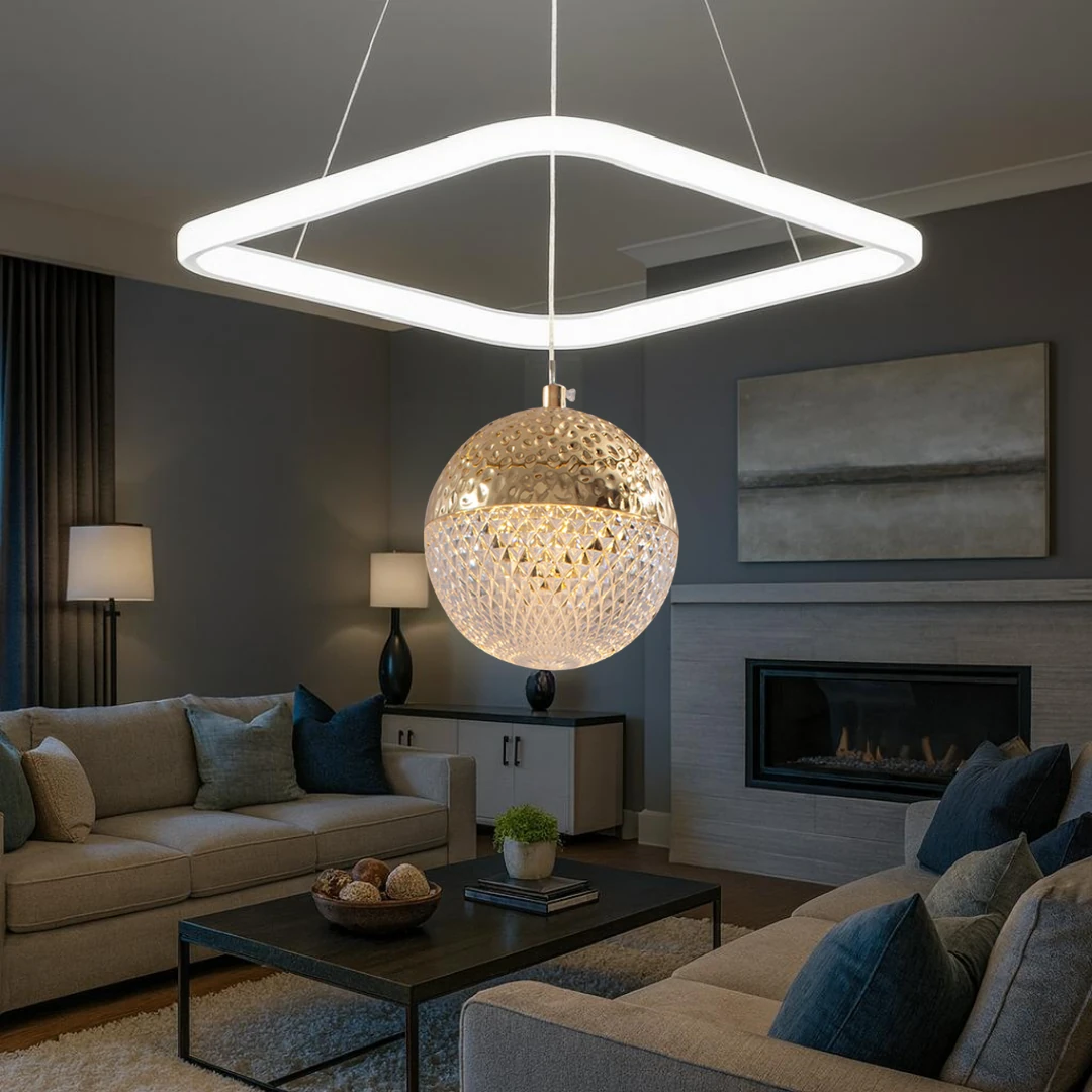 Eva Beyaz Gold 3 Renk Ledli Lüks Modern Sarkık Kare Tekli Ledli Avize-Çap 30 cm