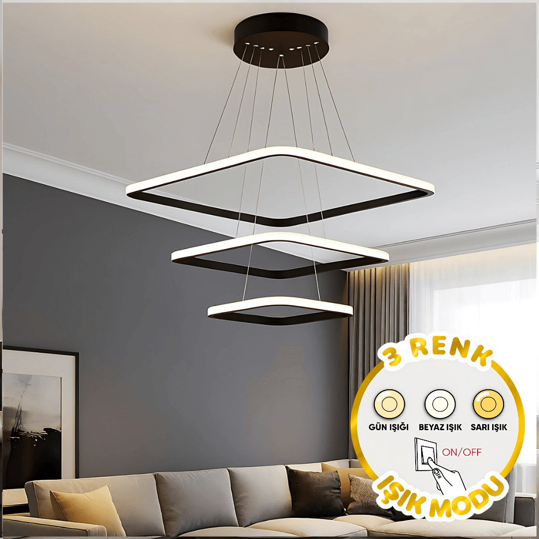Maria Siyah Kare 3 Renk Ledli Avize Sarkık 3'lü Ledli Avize Modern Led Avize