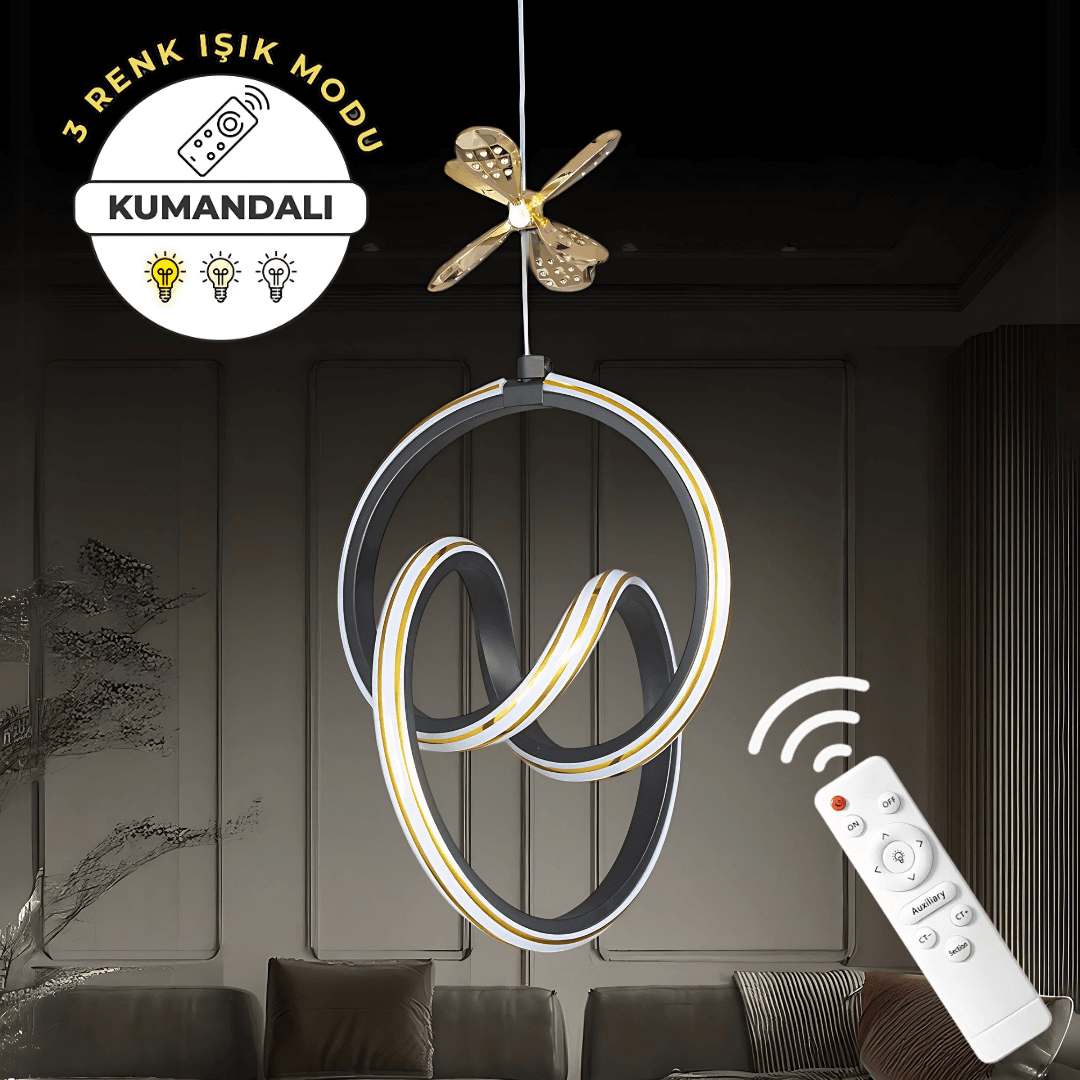 Yaren Siyah Uzaktan Kumandalı 3 Renk Ledli Özel Tasarım Gold Çizgili Gold Kelebek Dekor Detaylı Sarkık Ledli Avize Kumandalı Avize Dimmerli Avize