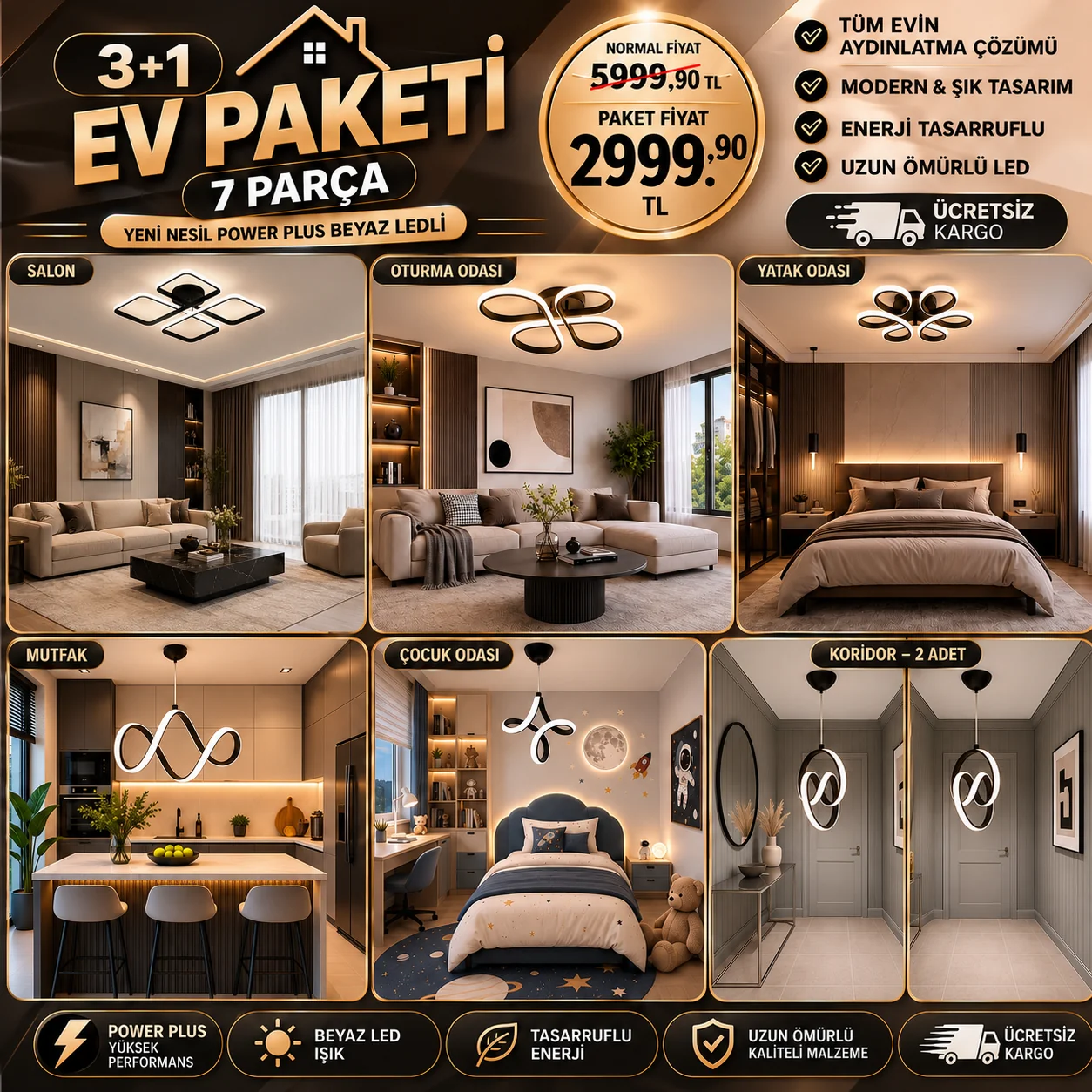 Premio Avantajlı Ledli Avize Paketi Siyah