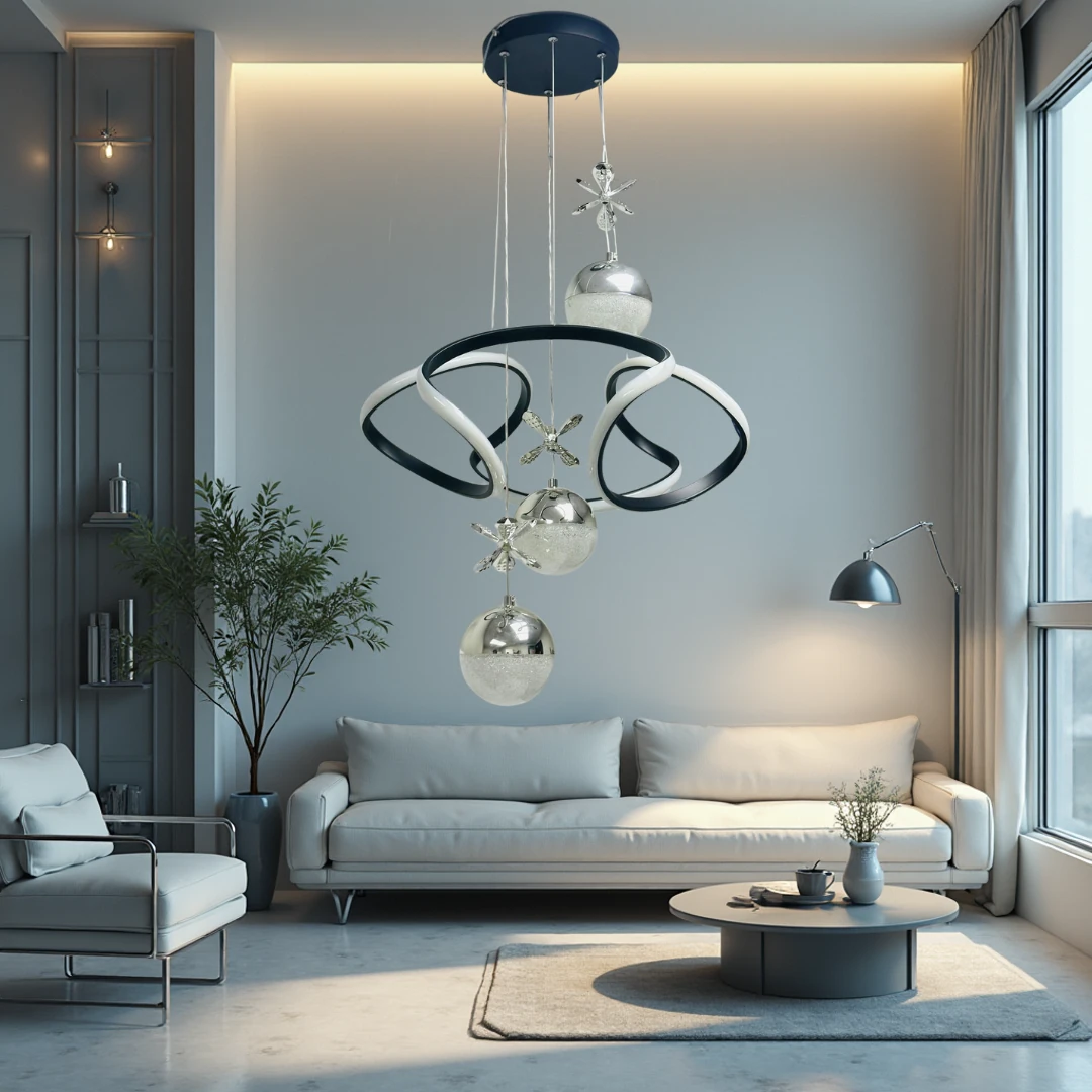 Elit Siyah Krom Uzaktan Kumandalı 3 Renk Ledli Modern Özel Tasarım Sarkıt Ledli Avize Salon Avizesi Led Avize