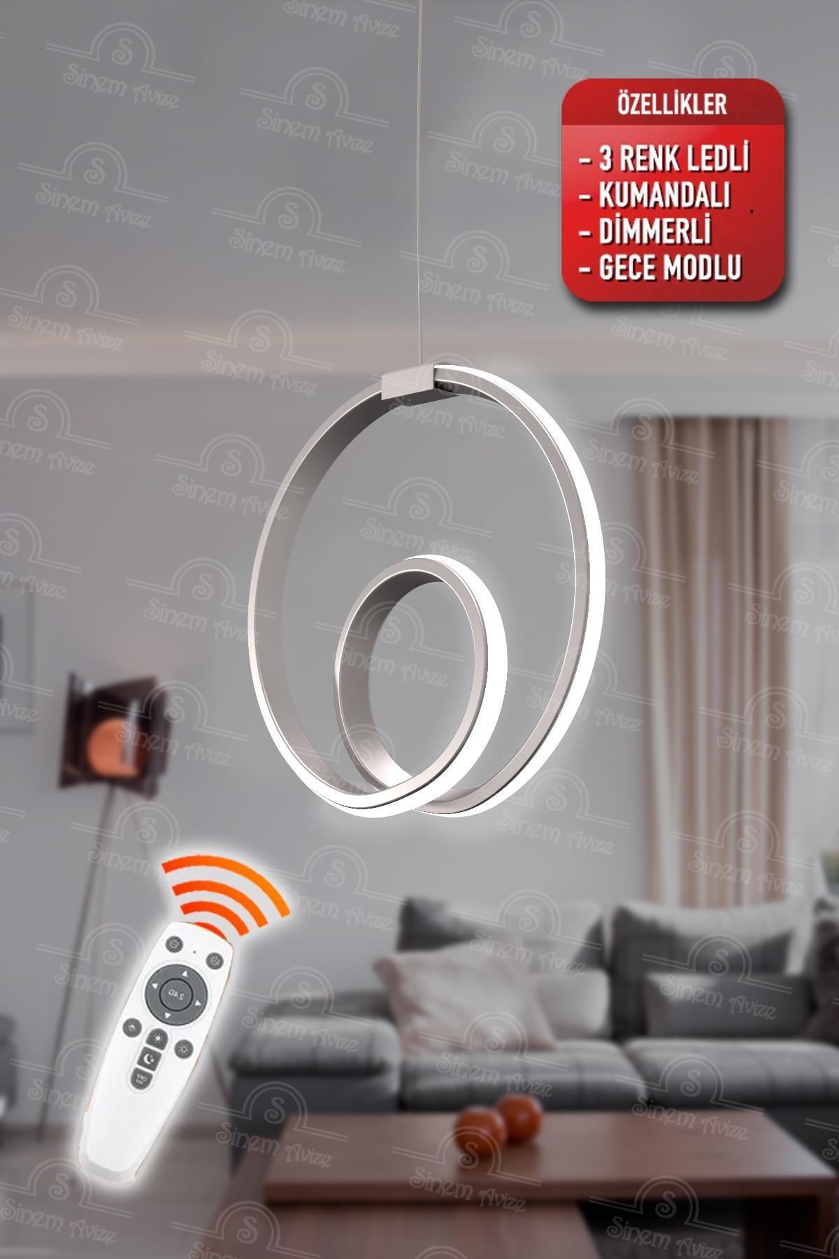 Orjin Gri Kumandalı 3 Renk Ledli Dimmerli Modern Ledli Avize