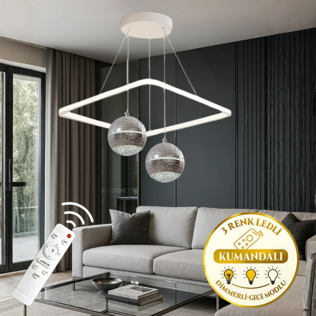 Vivaldi Beyaz Krom Uzaktan Kumandalı 3 Renk Ledli Lüks Modern Sarkık Kare 2'Li Ledli Avize-Çap 45 cm