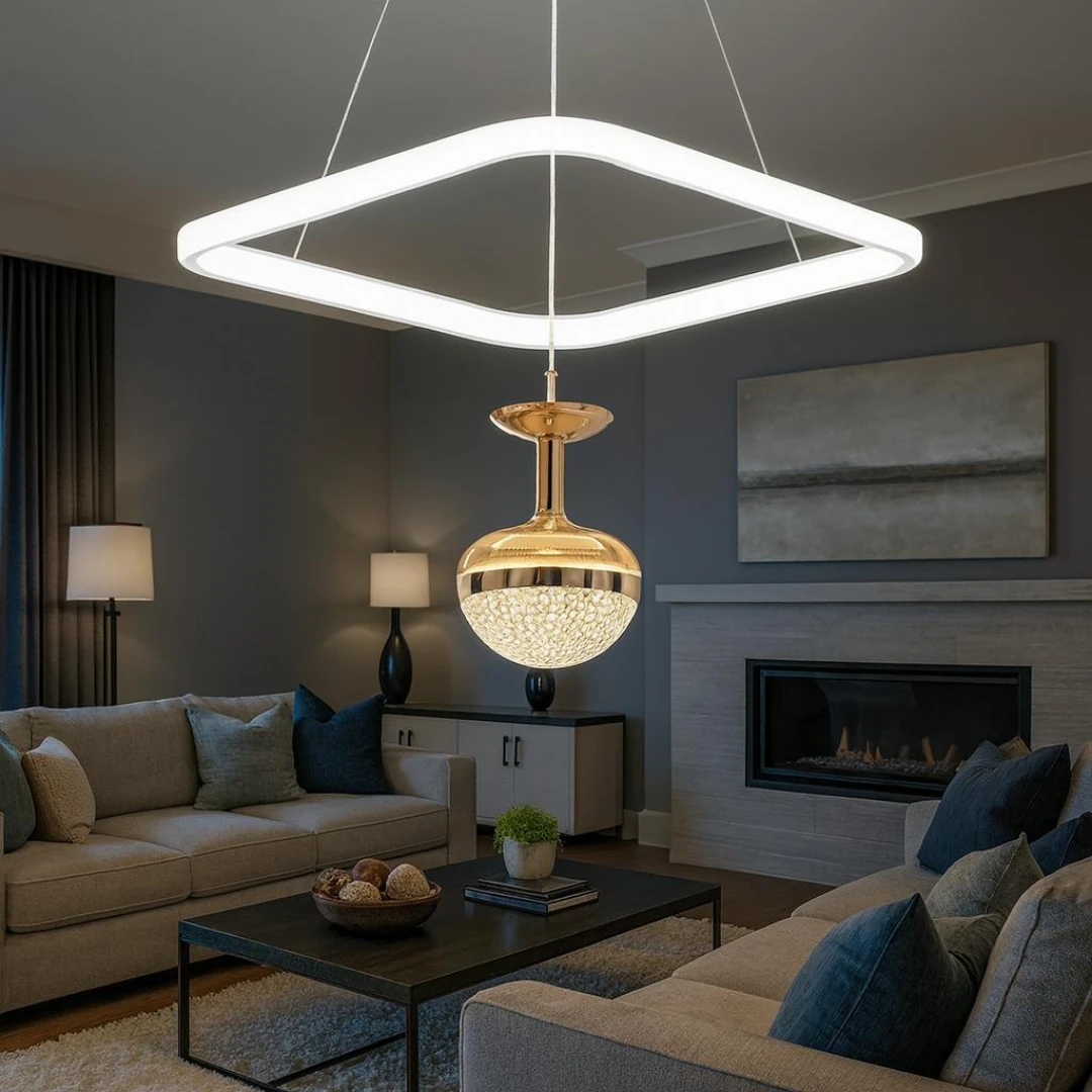 Rose Beyaz Gold 3 Renk Ledli Lüks Modern Sarkık Kare  Tekli Ledli Avize-Çap 30 cm 