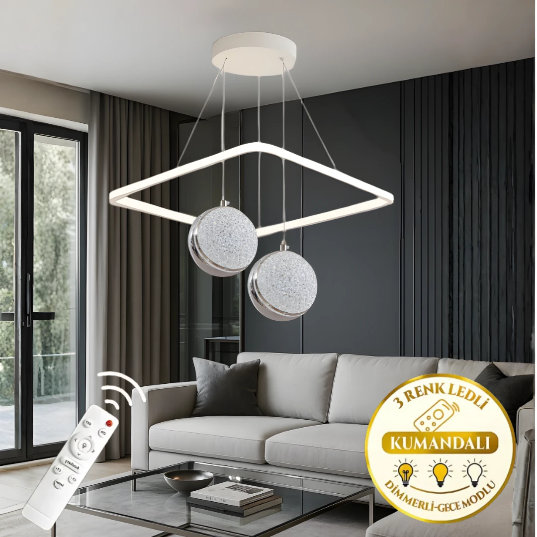 Arven Beyaz Krom Uzaktan Kumandalı 3 Renk Ledli Lüks Modern Sarkık Kare 2'Li Ledli Avize-Çap 45 cm