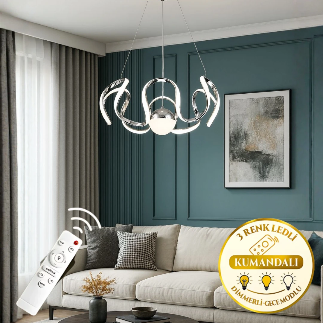 Arya Özel Lüks Krom Kaplamalı Uzaktan Kumandalı 3 Renk Ledli Dimmerli Sarkıt Modern Ledli Avize