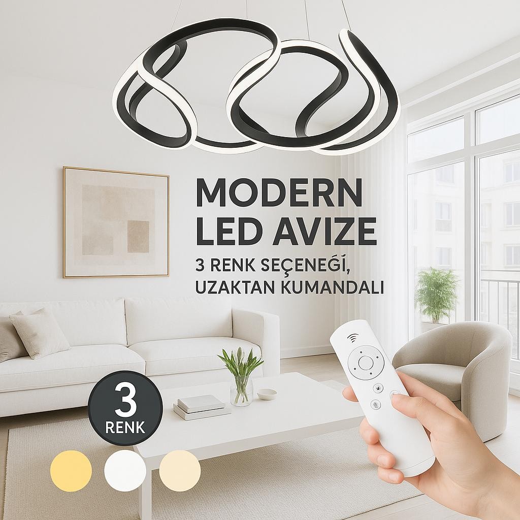 Artemis Siyah Kumandalı 3 Renk Ledli Dimmerli Plafonyer Modern Ledli Avize