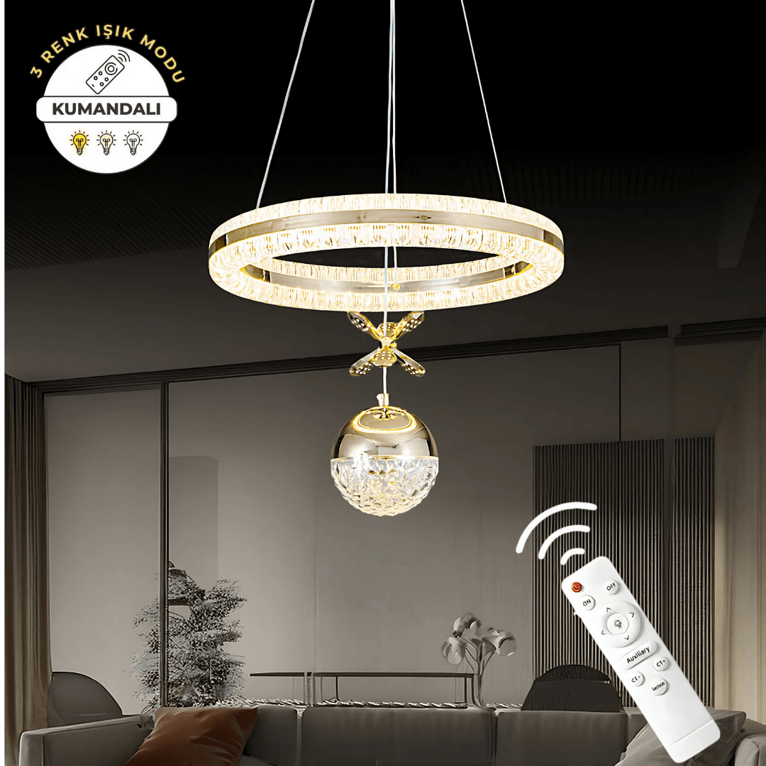 Işıltı Gold Kumandalı 3 Renk Ledli  Çift Yönlü Aydınlatmalı Lüks Tasarım Ledli Avize Çap 40 cm