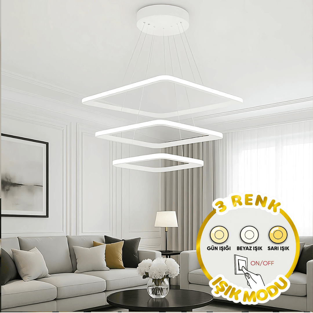 Maria Beyaz Kare 3 Renk Ledli Avize Sarkık 3'lü Ledli Avize Modern Led Avize